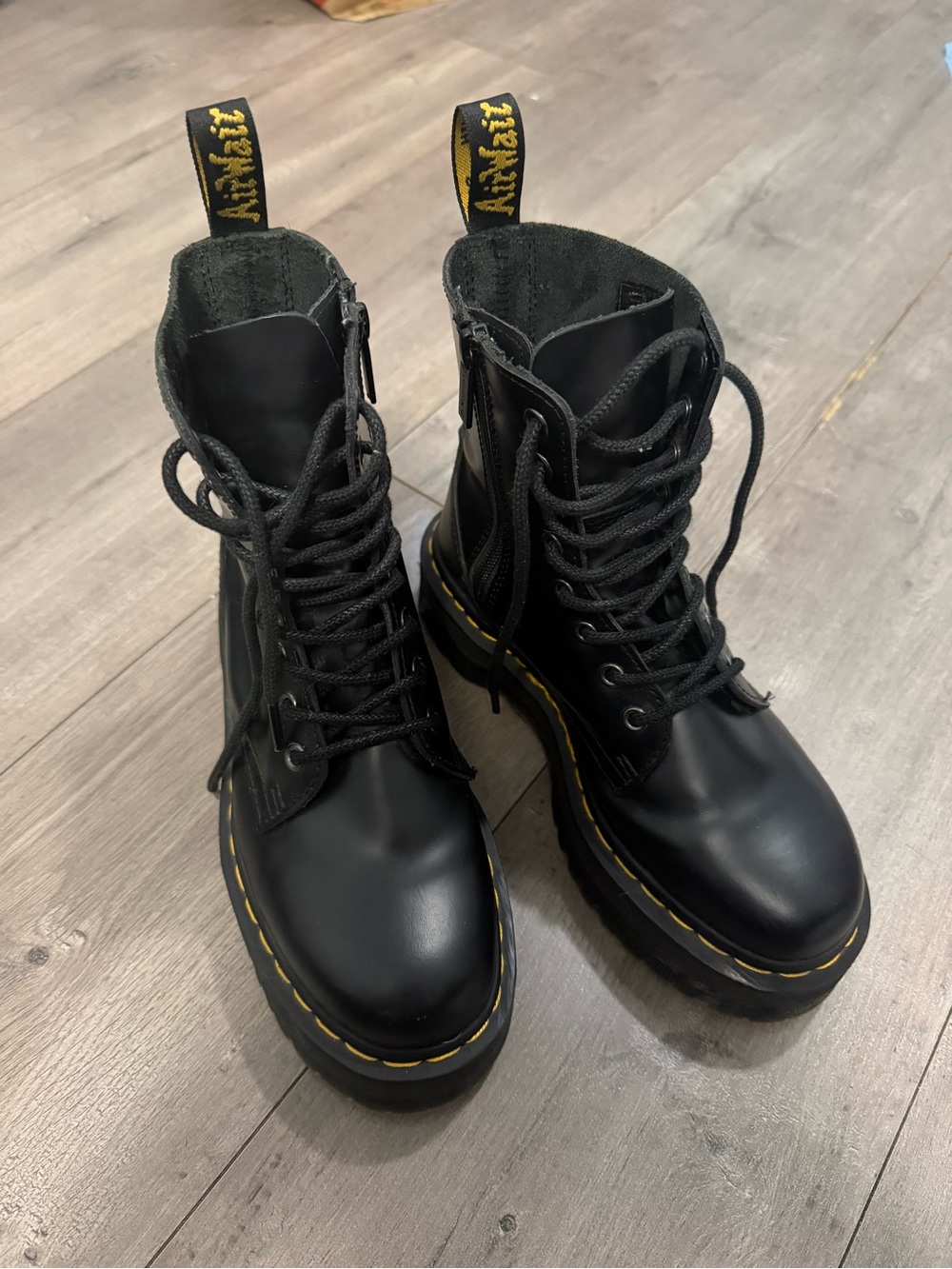 Dr. Martens Black Lace-Up Platform Combat Boots with Yellow Stitching